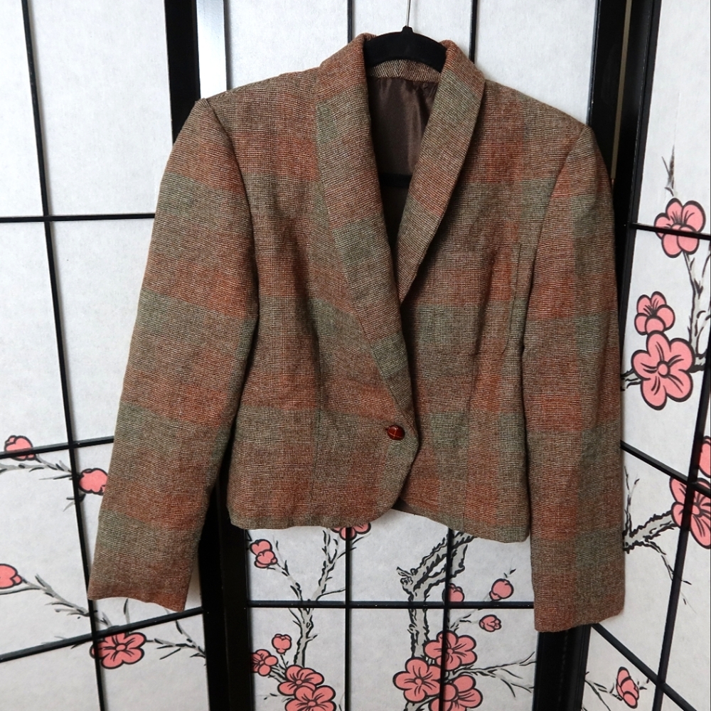Elegant Brown Green Checkered Women's Blazer Small